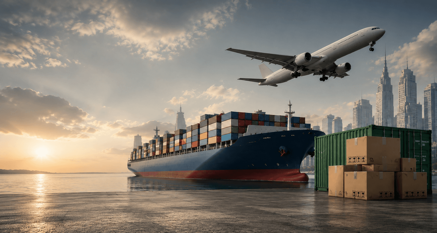 Cargo plane flying over a container ship loaded with containers